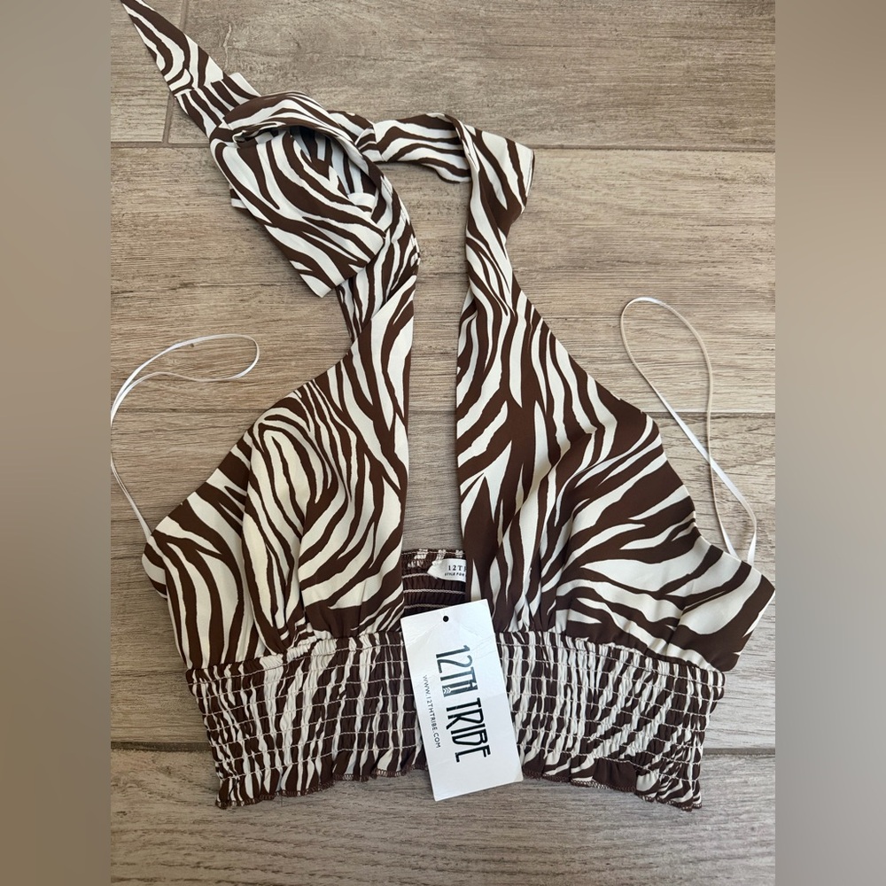 New 12th Tribe Brown and White Zebra Print Halter Top
